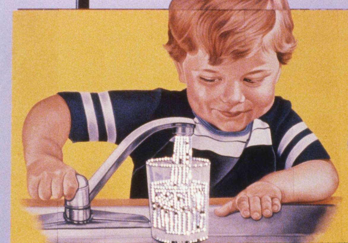 Illustration of a child standing at a faucet filling a glass of water.