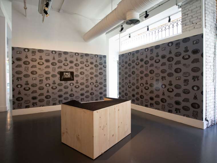 Revolution on Trial 017 – : Alex Callender, “History Constructs the House That Sometimes Holds Us,” 2020. Installation view, graphite pencil and acrylic on Stonehenge paper, printed vinyl Photo Tex wallpaper, wood, size variable. Photo Credit: Jessica Smolinski.