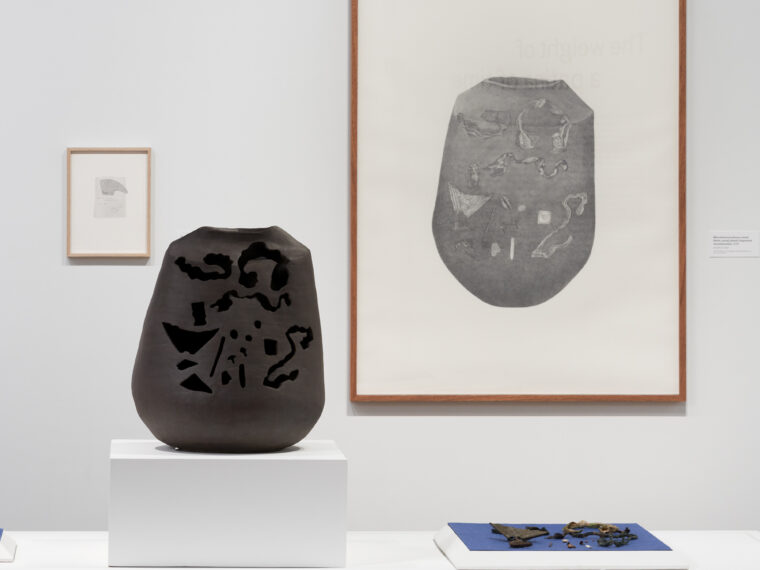 Installation view, Gala Porras-Kim: The weight of a patina of time, 2023, Fowler Museum at UCLA; Photo: Elon Schoenholz
