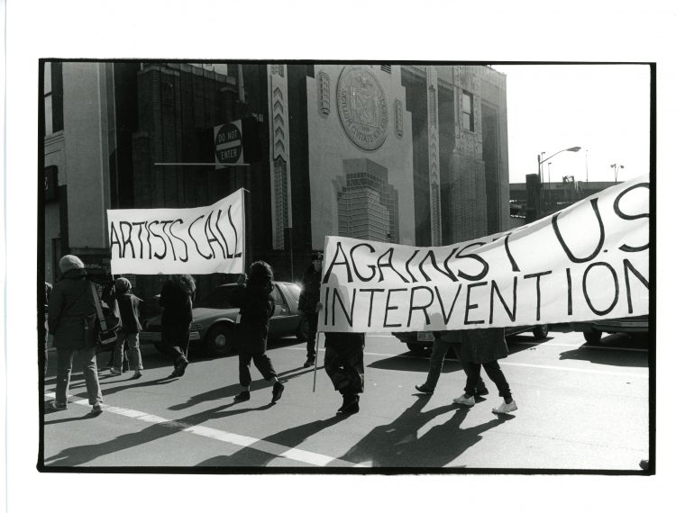 Dona Ann McAdams, Procession for Peace with Artists Call banner, New York City, 1984. Silver gelatin print. Courtesy of artist.