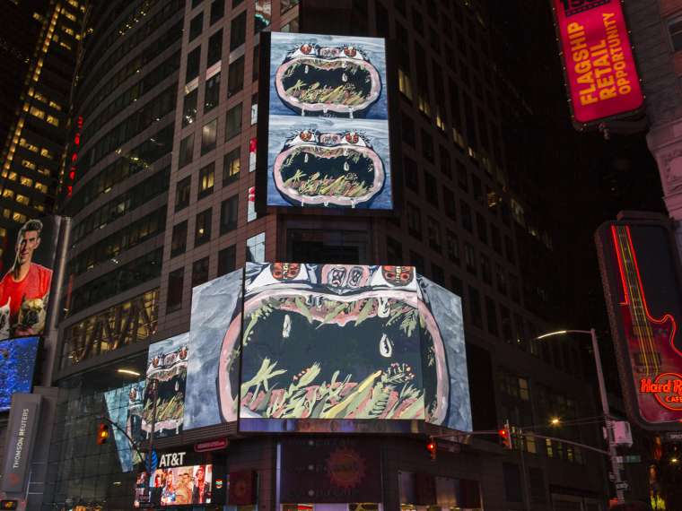 Midnight Moment: Allison Schulnik, MOTH
January 1, 2020 – January 31, 2020
every night from 11:57pm-midnight
Midnight Moment is the world’s largest, longest-running digital art exhibition, synchronized on electronic billboards throughout Times Square nightly from 11:57pm to midnight.
Allison Schulnik uses painting, ceramics, and, traditional animation to choreograph compositions that embody a spirit of the macabre and a tragicomic perspective on love, death, and farce. A hand-painted moth flutters in stop-motion, transforming from a fully-formed insect, to a nascent cocoon, to fantastical, sometimes ominous creatures. Schulnik began this work after a moth hit her studio window, painting frames for the film almost daily for 14 months as she was pregnant with and gave birth to her first child. The work reflects on the cycles of life and the bodily and emotional metamorphosis of motherhood. MOTH is presented in partnership with MASS MoCA.