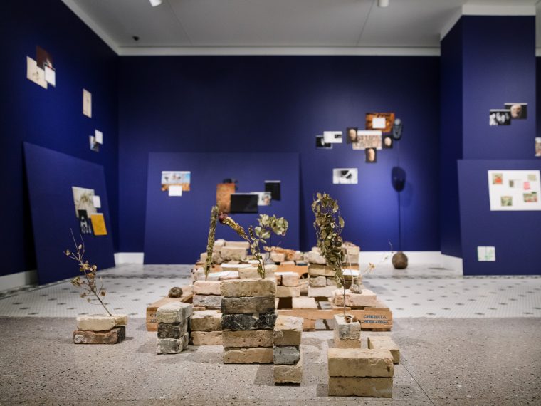 Basel Abbas and Ruanne Abou-Rahme, And yet my mask is powerful (Fragments 1-3), 2016
3D mask, photographs, drawings, notes, dried vegetation, house remains, garbage Courtesy of the artists