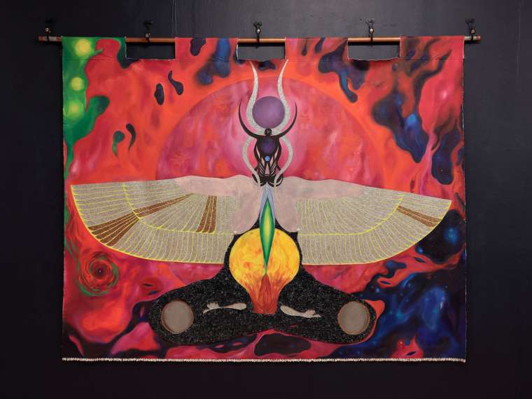Mahari Chabwera, “I am fluid, I embrace my tides, Isis guide my rise,” 2020, Tempered glass, cowrie, gemstone, acrylic and oil tapestry painting, Courtesy of the Artist and 1708 Gallery, photograph by David Hale.