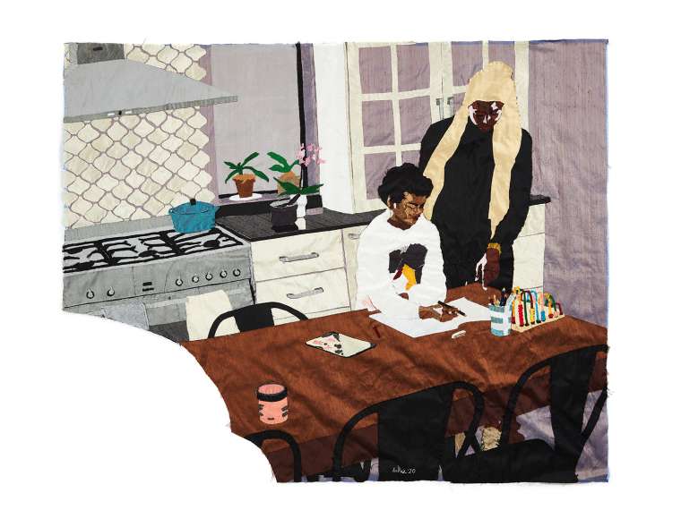 Billie Zangewa, “Heart of the Home,” 2020, hand-stitched silk collage, 53.5 × 43.25 inches. Courtesy of the artist and Lehmann Maupin, New York, Hong Kong, Seoul, and London.
From the BOMB interview “Transformation as a Common Theme: Billie Zangewa Interviewed by Rebecca Rose Cuomo,” published online October 12, 2020 at bombmagazine.org