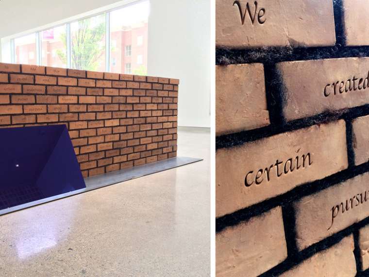 Sonya Clark, Edifice and Mortar, 2018. Mixed media including embossed bricks, hair, plexiglass, and steel, 39 x 72 x 15 inches. Courtesy of the artist.