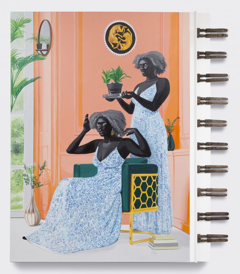 A colorful painting of two woman in blue floral dresses against a peach colored background. One woman is sitting in a chair, while the other woman holds a potted plant above her head.