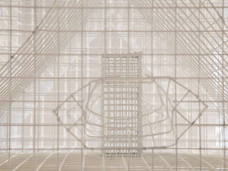 Yto Barrada,Tangier Island Wall, 2019. Crab pots and charcoal, 39 3/8 × 94 1/2  × 18 7/8 inches. Installation view at Lower Manhattan Cultural Council Arts Center at Governors Island. Photo by Brian J Green.