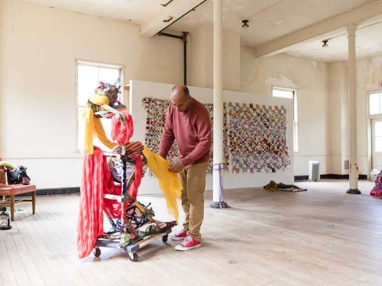 Artist in Residence Ramekon O’Arwisters in his Project Space studio at Headlands. Photo by Andria Lo.