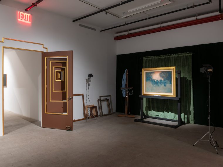 Lyndon Barrois Jr., Guardians Gate (Farfanicchio), 2022; Masters of Fine Arts, 2011/2022. Wood, latex paint, antique brass elements, cast iron, oil paint, twigs, brass, burlap, packing felt; oil on canvas, artist frame, solvent transfer, plywood, curtains, frames, lights, easels, conservators coat, headlamp. Dimensions variable. Installation view, Artists Space, 2022. Courtesy of Artists Space, New York. Photo: Filip Wolak.