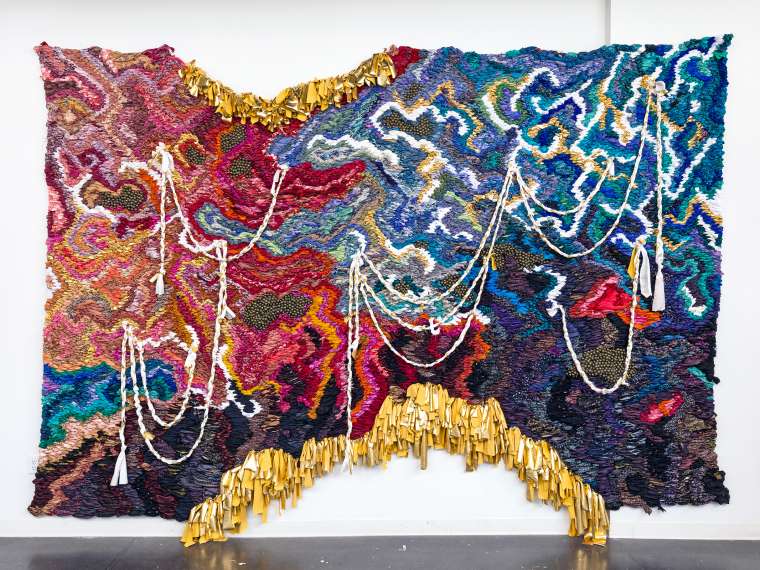 Suchitra Mattai, an ocean’s cradle, 2022. vintage saris, fabric, and ghungroo bells, 10 x 15 feet.