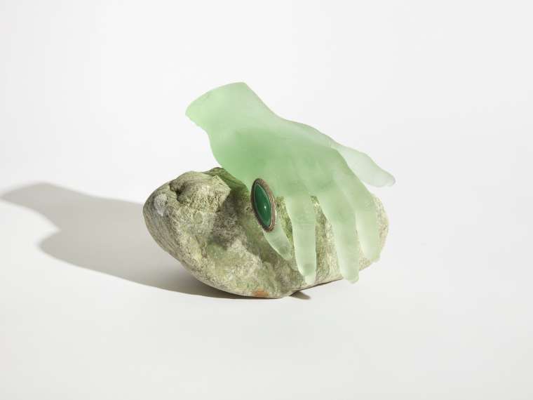 Kelly Akashi, Inheritance, 2021. Poston stone, cast lead crystal, heirloom (grandmother’s ring), 6 x 8 x 6 inches. Courtesy of the artist, François Ghebaly Gallery, and Tanya Bonakdar Gallery.