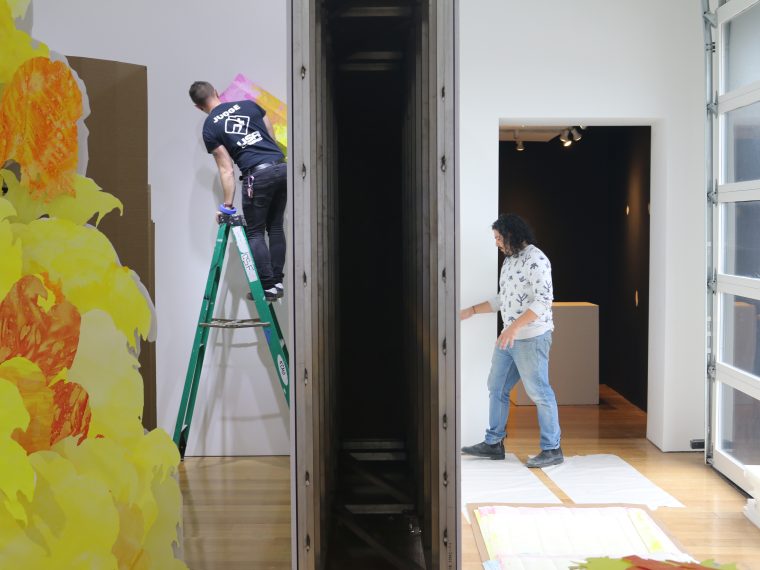 The Law for Falling Bodies, 2022. Artists installing exhibition. Photo by Charlotte Street Foundation.