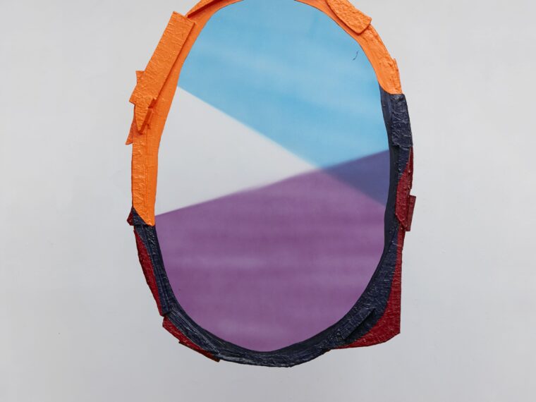 “Oh.Ah. ,” 2021, linen, steel, transparent vinyl, corrugated plastic, extruded polystyrene foam, acrylic polymer, acrylic and enamel paint, h61 x w45 x d4.5 in. Photo: Alan Wiener, Polite Photographic Services.