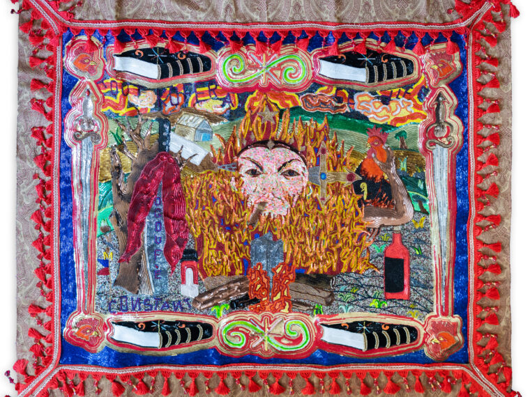Myrlande Constant,
Tout Ko Feray Se Dife,
2022, 56.5 × 65 inches,
Beads, sequins, and tassels on fabric.
© Myrlande Constant. Courtesy of the artist and Fort Gansevoort.