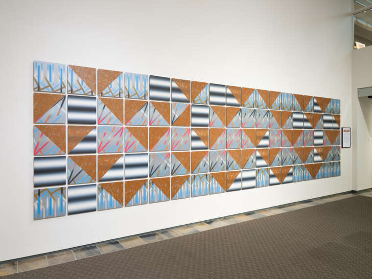 Joe Feddersen (b. 1953, Colville Confederated Tribes), Okanagan V, 2006, relief on paper mounted on panels, 70 x 252 in. overall, each panel: 14 x 14 in. Photograph by Dean Davis.