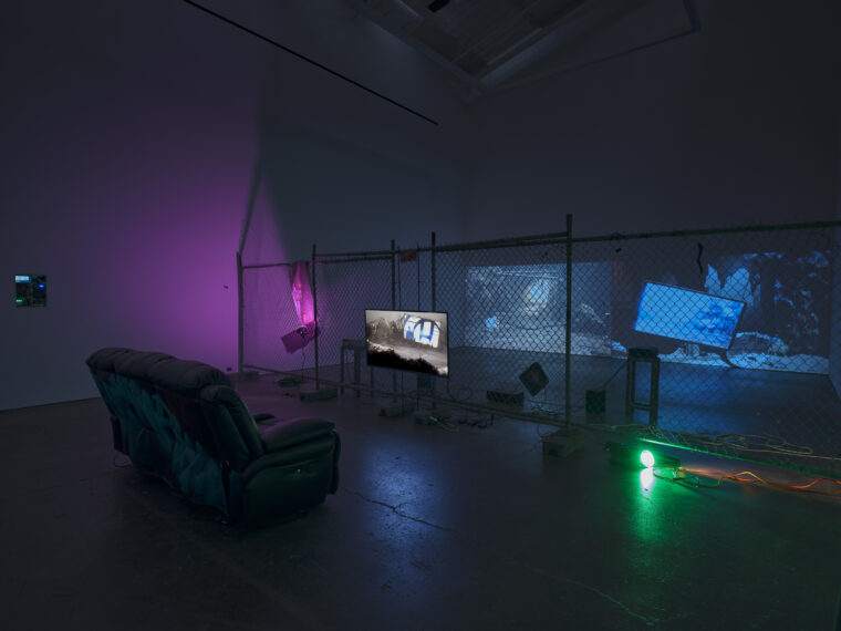 Installation view of “through the electric grid promised land…” curated by Cloaca
Projects (marcella faustini + Charlie Leese) at Slash, 2023. Artists: Mathew Kneebone and Most
Dismal Swamp with the participation of Fault Radio and HydeFM.

