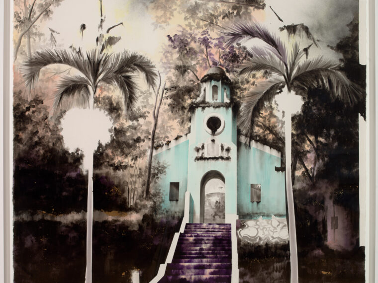 Gamaliel Rodríguez, Correctional Faith, 2022. Acrylic, ink, and gold leaf on paper. 72 × 52 in. Colby College Museum of Art.