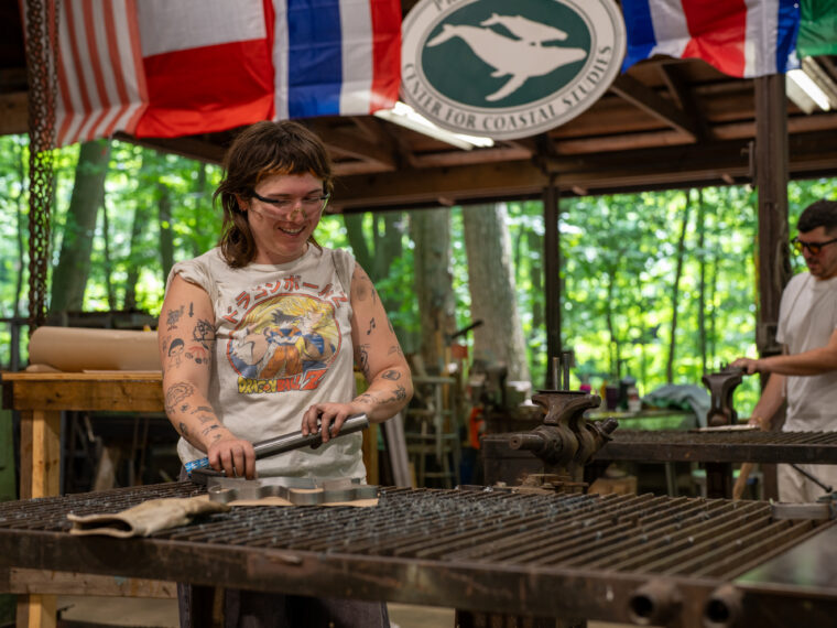 An Artist-in-Residence at work in the Ox-Bow metals studio.
Summer Residency, 2025.
Photo by Nolan Zunk.